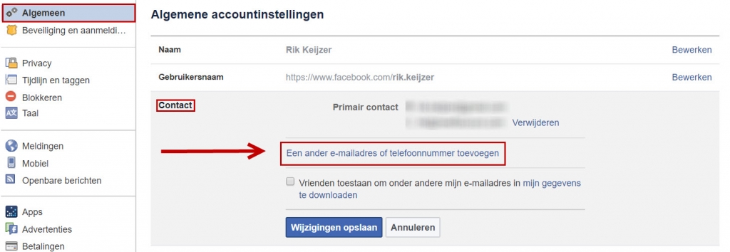 emailadres toevoegen facebook